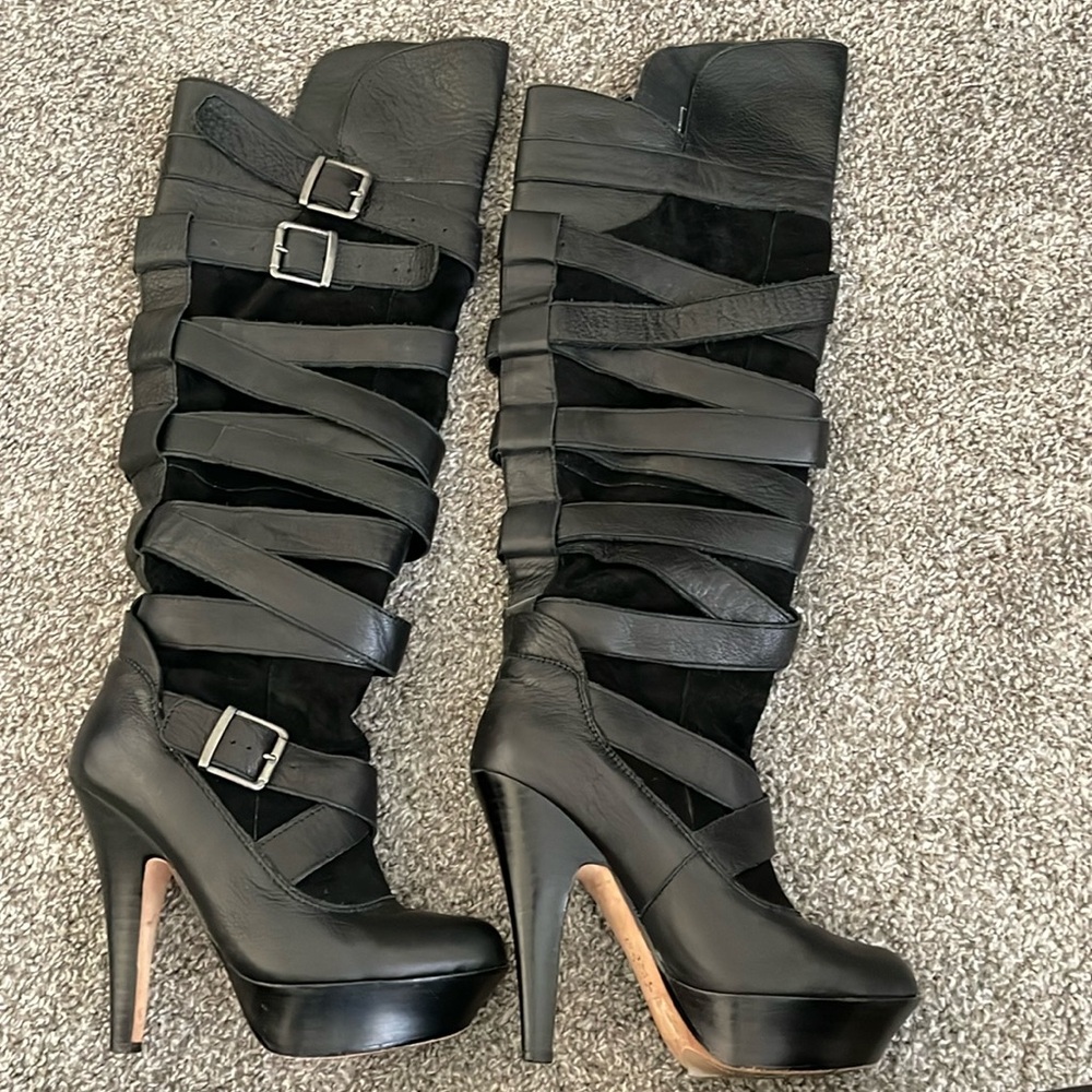 Black leather and suede knee-high Bebe boots